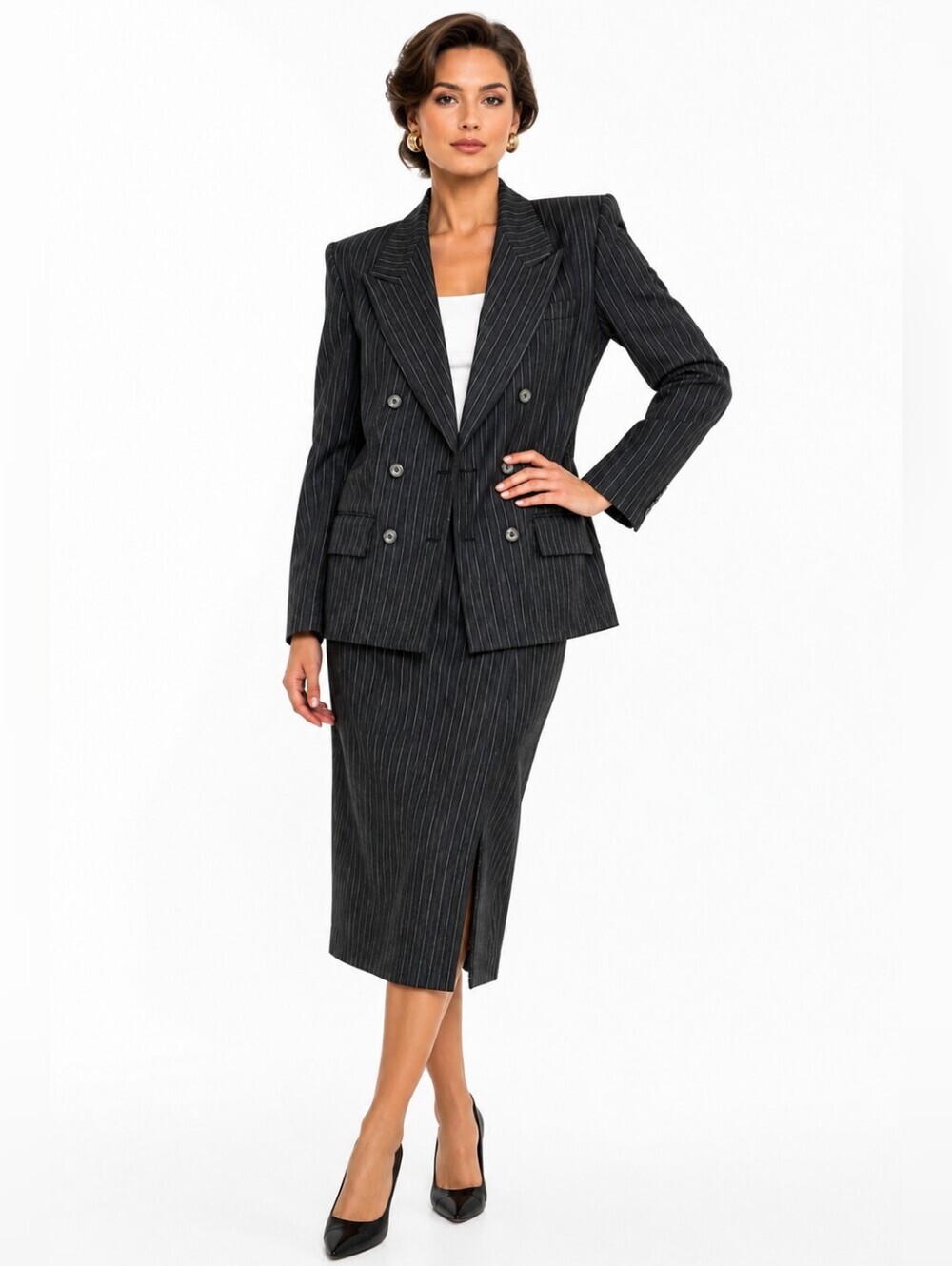 Hawksley & Wight Vintage 90s Wool Pinstripe Skirt Suit Size 12 Double Breasted